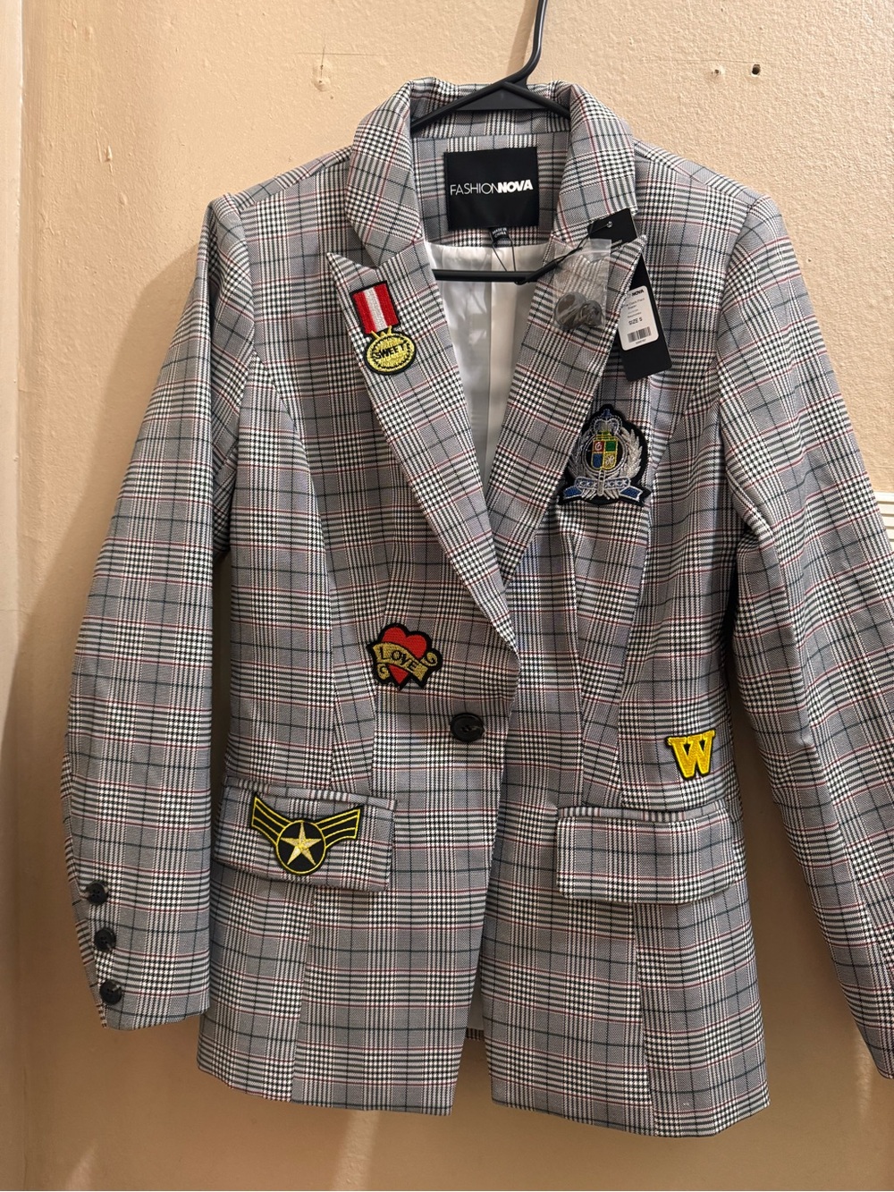 Fashion Nova Gray Plaid Blazer with Red Accents and Crest Patches
